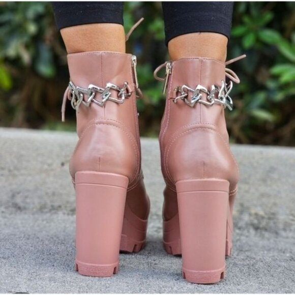 Women's Nude Platform Heel Boots Chunky Ankle Lace Up - Picture 4 of 6